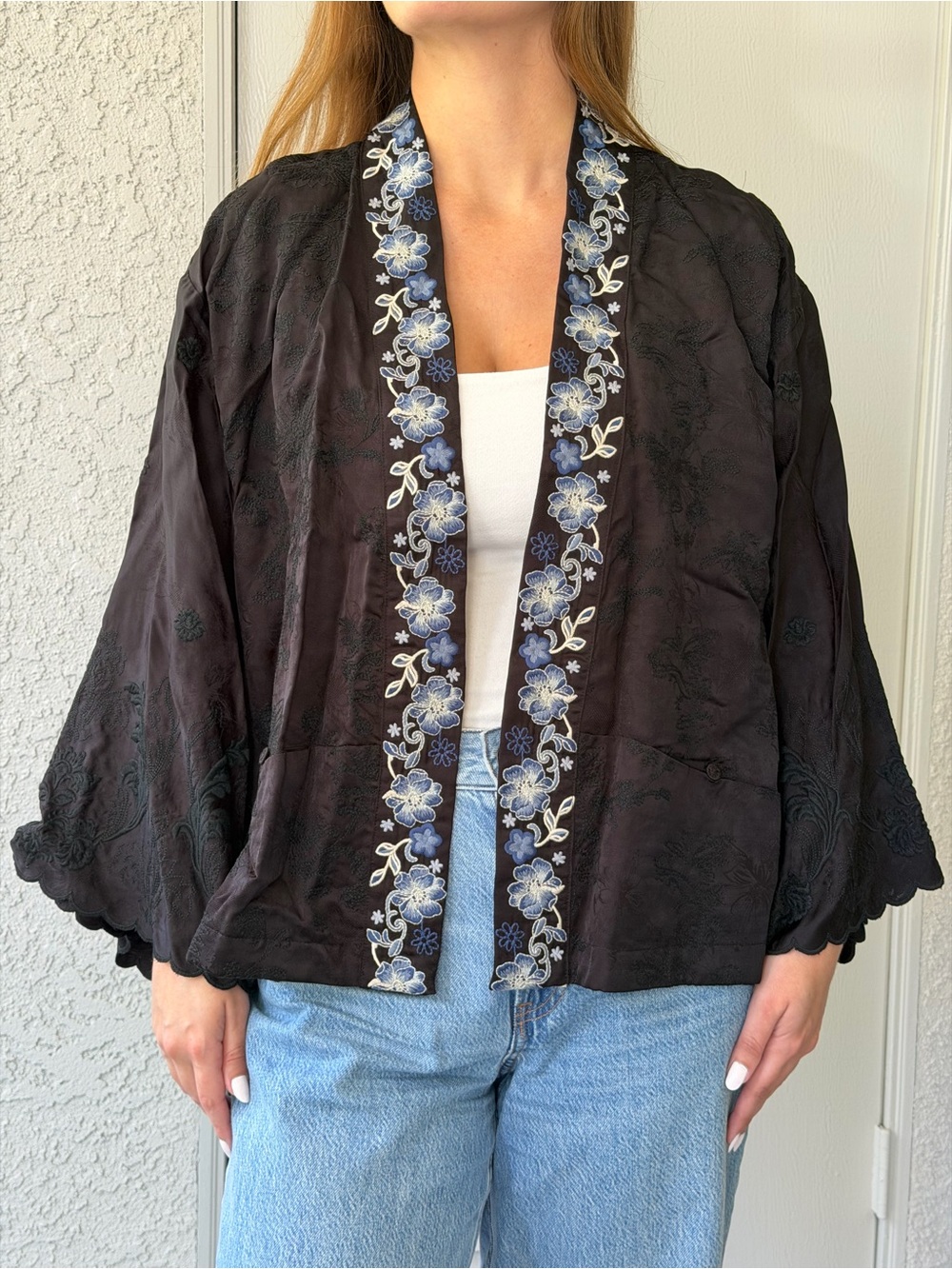 Johnny Was Jonelle Kimono Mariane Floral Blue Border Black Size Small NWT